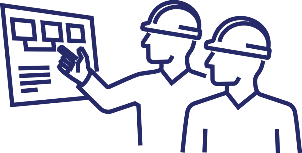 Illustration of two engineers reviewing a project plan on a wall chart.