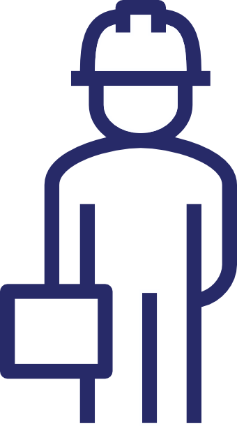 Simplified illustration of a worker in a hard hat carrying equipment