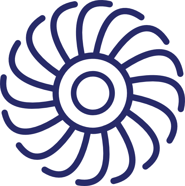 Blue turbine-like graphic with circular design and swirling spokes.