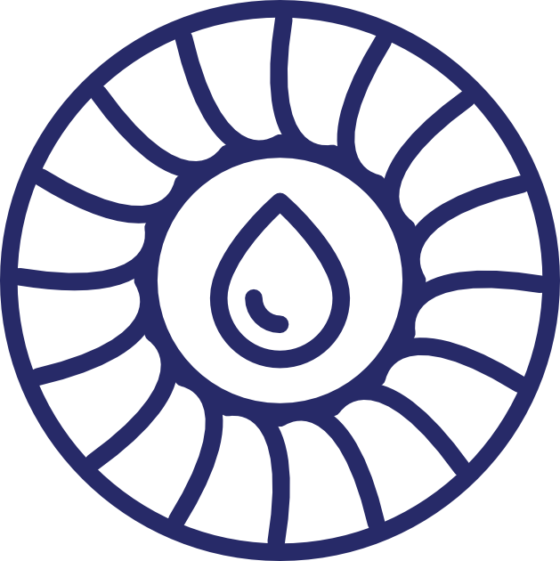 Blue circular logo with a stylized water droplet at the center, surrounded by radial lines.