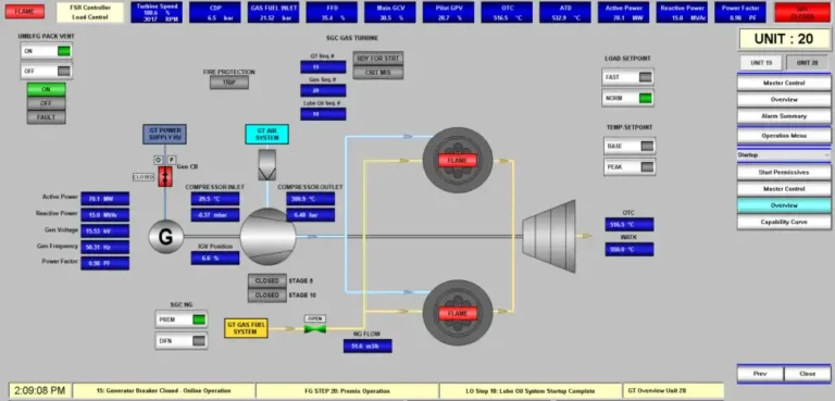 Industrial control panel with detailed system schematics and status indicators.