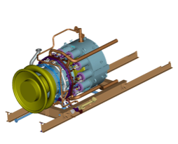 Industrial mechanical assembly with pipes and valves on a metal frame.