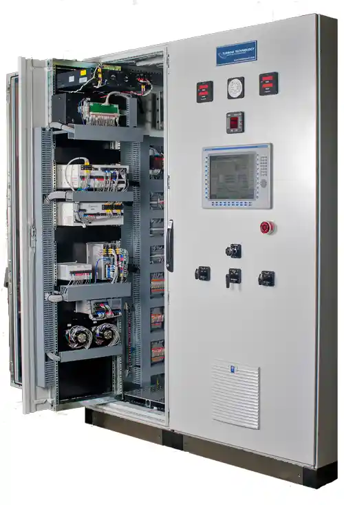 Industrial control panel with open door showing wiring and electronic components.
