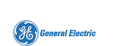 GE logo in blue with stylized lettering, representing General Electric's iconic brand identity.