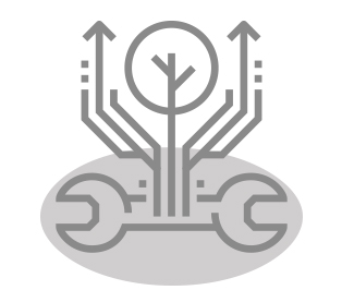 Illustration of a wrench and tree with network branches, symbolizing green technology and mechanical innovation.