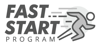 Illustration of a figure sprinting forward, symbolizing speed and momentum, with the text "Fast Start Program".