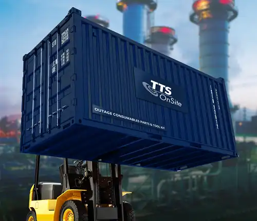 Forklift lifting a blue TTS OnSite container with industrial towers in the background.