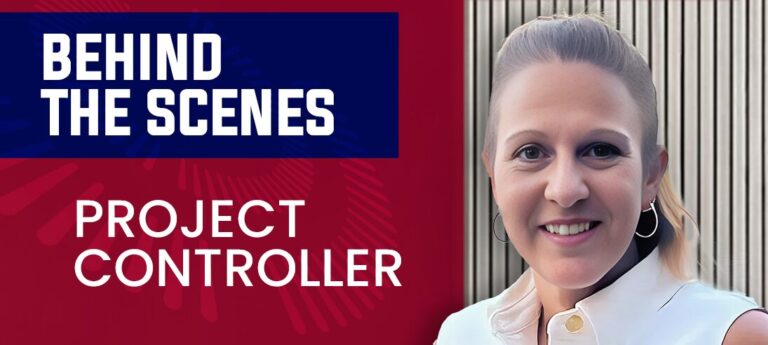 Woman smiling with 'Behind the Scenes Project Controller' text overlay, showing industry insights.