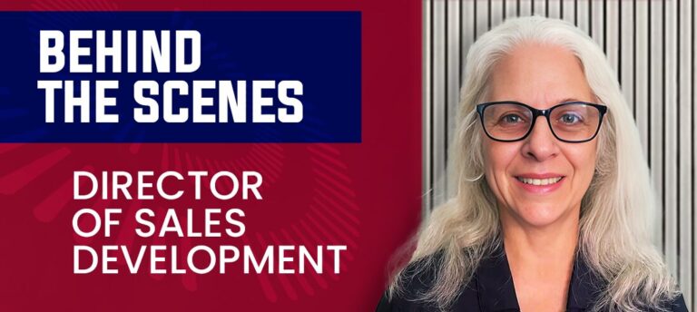 Smiling woman with glasses in front of a striped background, featuring text about sales development.