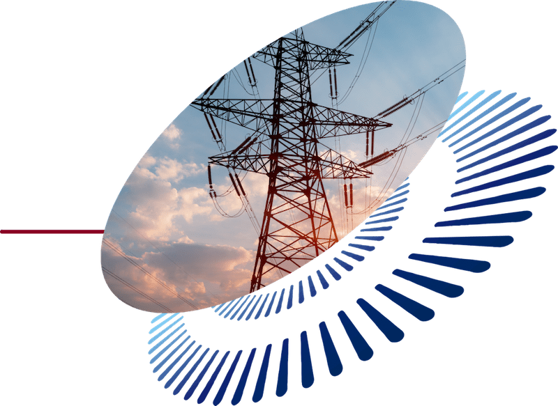 Power transmission tower against a vibrant sky with a blue abstract design element.