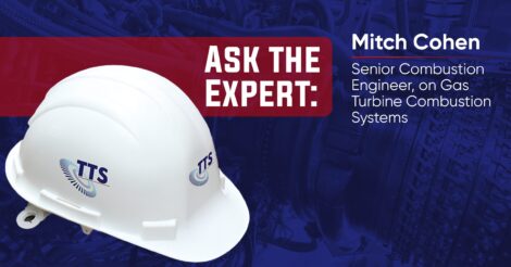 White hard hat with TTS logo against a dark blue background with text about senior combustion engineer Mitch Cohen.